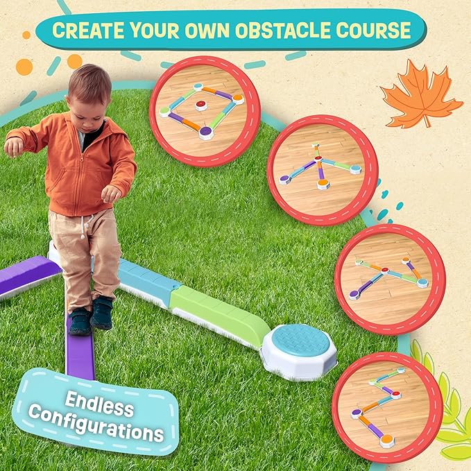 Balance Beam and Toddler Stepping Stones 13 Pieces, Non-Slip Plastic Balance Stackable Stepping Stones, Sensory Toys for Toddlers, Indoor or Outdoor Play, Easy Storage