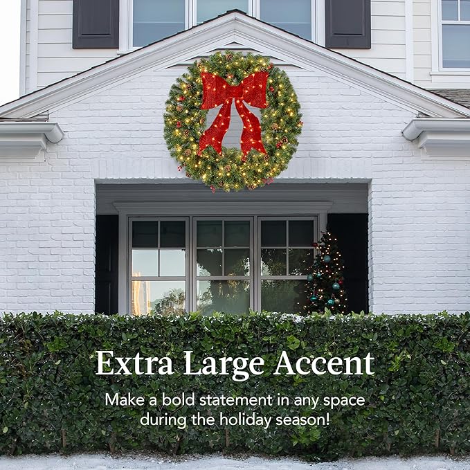 Best Choice Products 60in Pre-Lit Christmas Wreath w/Berries & Pinecones, Large Artificial Indoor/Outdoor Decor for Door, Mantel w/Red Bow, Plug-in