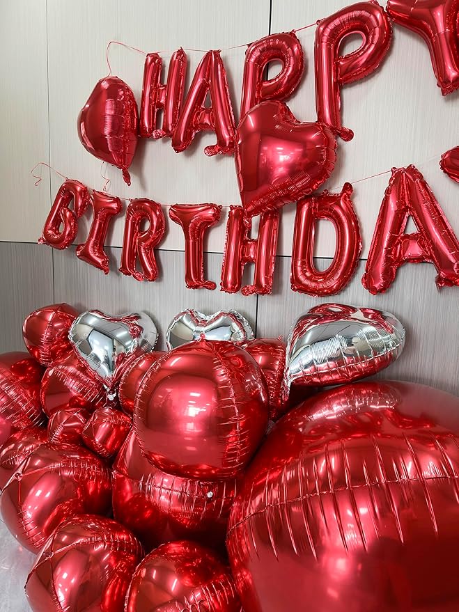 Red Birthday Decorations with 16pcs Large 4D Foil Balloons in Different Size (10-50 Inch) + 6pcs 18" Heart Balloons + 16” Happy Birthday Banner for Indoor Outdoor Party Decorations (Red)