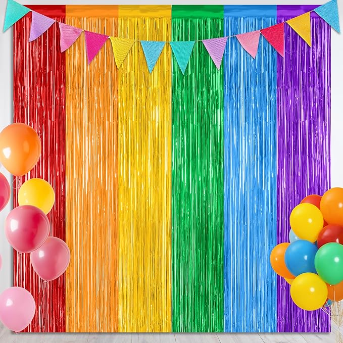 2 Pack Rainbow Backdrop Curtains, 3.28 FT x 7.05 FT Colofull Party Decorations, Metallic Tinsel Backdrop Fringe Curtains Party Streamer, Rainbow Party Supplies for Wedding Birthday Party Engagement