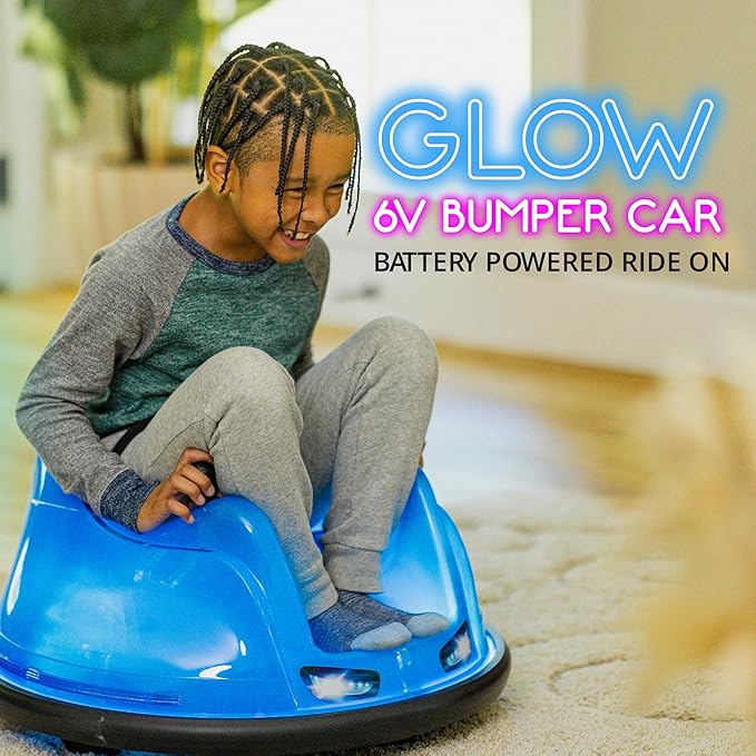 Flybar 6V Blue Glow Bumper Car for Kids – LED Ride-On Toy with 360° Spin, Rechargeable Battery, and Soft Rubber Bumpers – Safe Indoor Fun for Toddlers Ages 1.5+, Up to 66 lbs