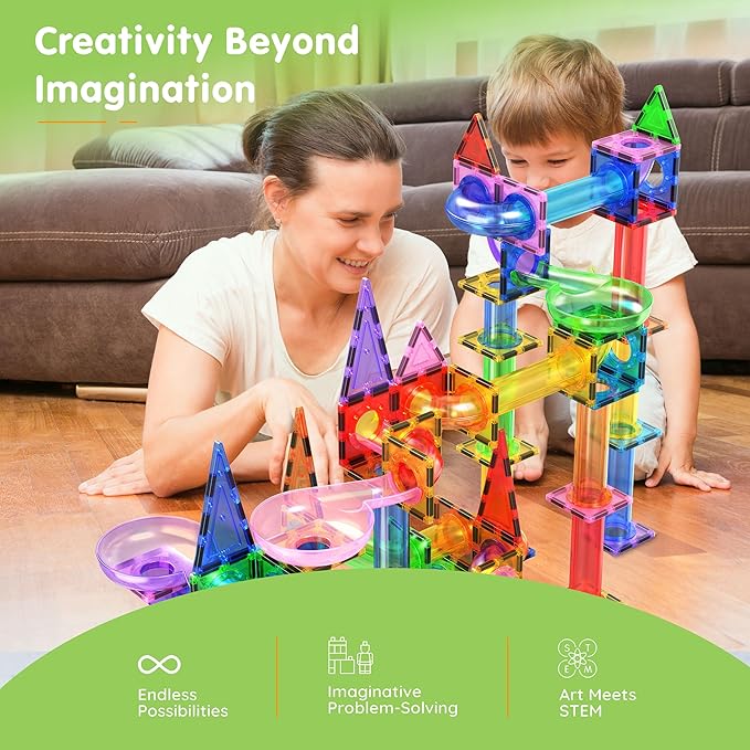 PicassoTiles Marble Run 150-Piece Magnetic Tile Race Track Toy Play Set STEM Building & Learning Educational Magnet Construction Kit Child Brain Development Toys Boys Girls Age 3 4 5 6 7 8+ Years Old