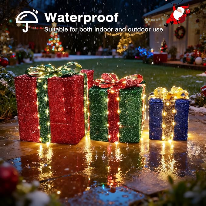 Set of 3 Christmas Lighted Gift Boxes - Pre lit Presents Christmas Boxes with Different Sizes for Holiday Indoor Outdoor Decoration (Warm White, Small)