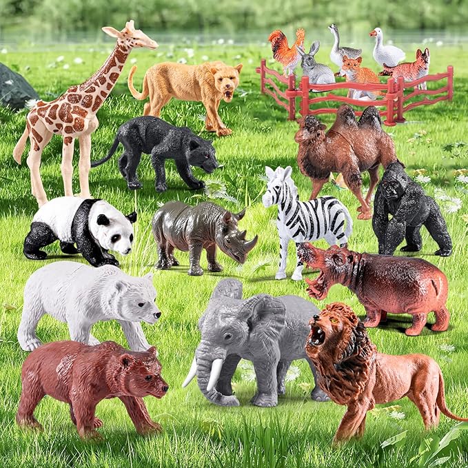 41Pcs Safari Animals Figures Toys–Realistic Jumbo Wild Animals Figurines Plastic African Jungle Animals Playset–Lion,Tiger,Eggs,Trees & Fences–Educational Toys for Kids and Toddlers 3+
