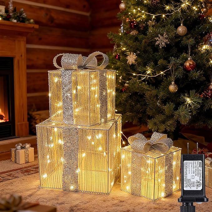 Set of 3 Christmas Lighted Gift Boxes - Pre Lit Presents Christmas Boxes Outdoor Lighted with Different Sizes for Holiday Indoor Outdoor Decoration (Silver, Small)