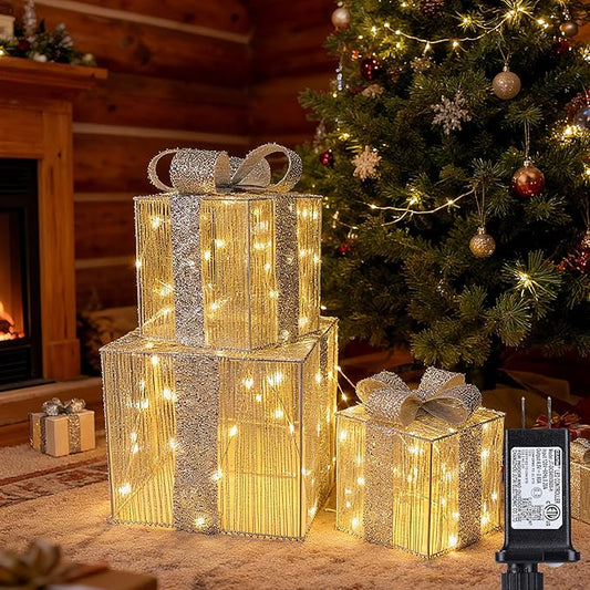 Set of 3 Christmas Lighted Gift Boxes - Pre Lit Presents Christmas Boxes Outdoor Lighted with Different Sizes for Holiday Indoor Outdoor Decoration (Silver, Small)