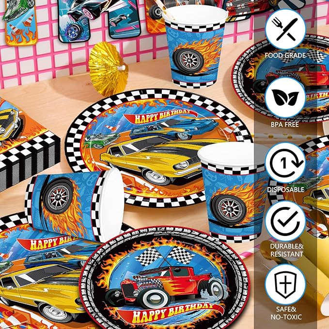 194pcs Birthday Party Decorations Supplies Race Car Plates Napkins Banner Tablecloth Disposable Parper Cups Straws Tableware Set for Kids Boys Birthday Decor 24 Guests