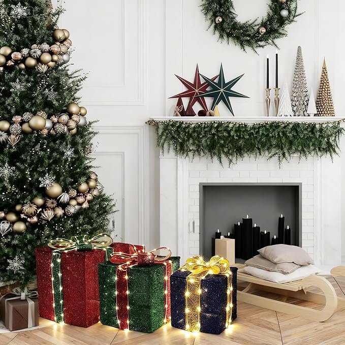 Set of 3 Christmas Lighted Gift Boxes - Pre lit Presents Christmas Boxes with Different Sizes for Holiday Indoor Outdoor Decoration (Warm White, Small)