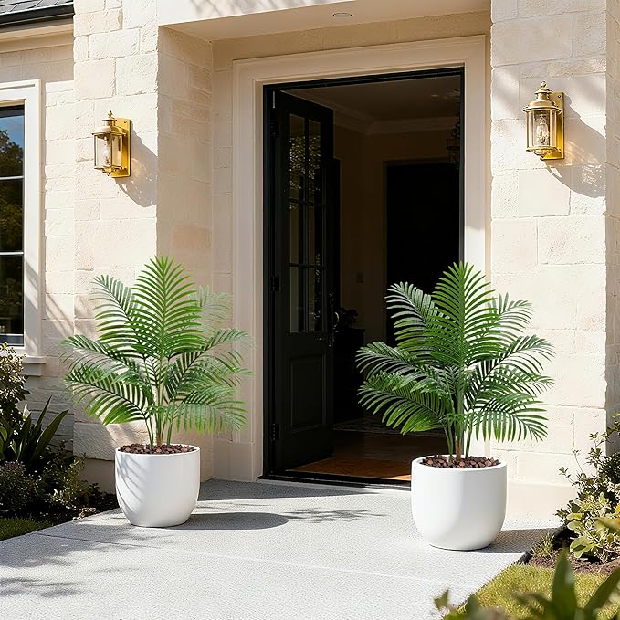2 Pack Artificial Palm Tree Indoor Plant 3FT Tall Fake Tropical Palm Tree in Pot, Real Bark Design Faux Areca Palm Tree for Home Office Living Room Bedroom Farmhouse Modern Outdoor Topiary Tree