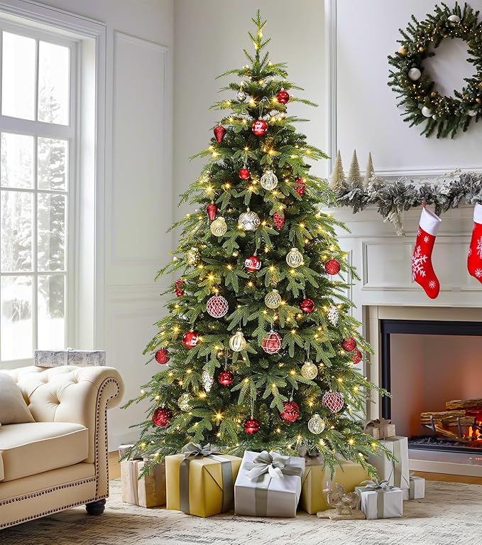 DWVO 7.5ft Prelit Christmas Tree with Lights, Full Downswept Artificial Fir Twinkle Christmas Tree with 2199 Metal Hinged Flame Resistant PE & PVC Branches and 400 Lights 11 Modes Remote Controlled