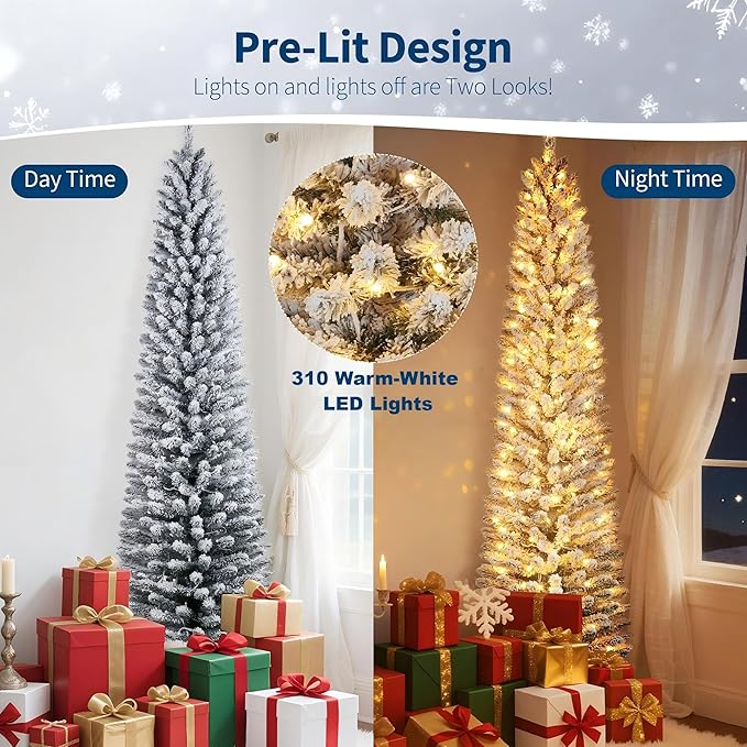 Christmas Artificial Pencil Tree 9Ft with LED Lights, PVC Mixed Tree with Flocked, Holiday Decoration for Indoor Outdoor