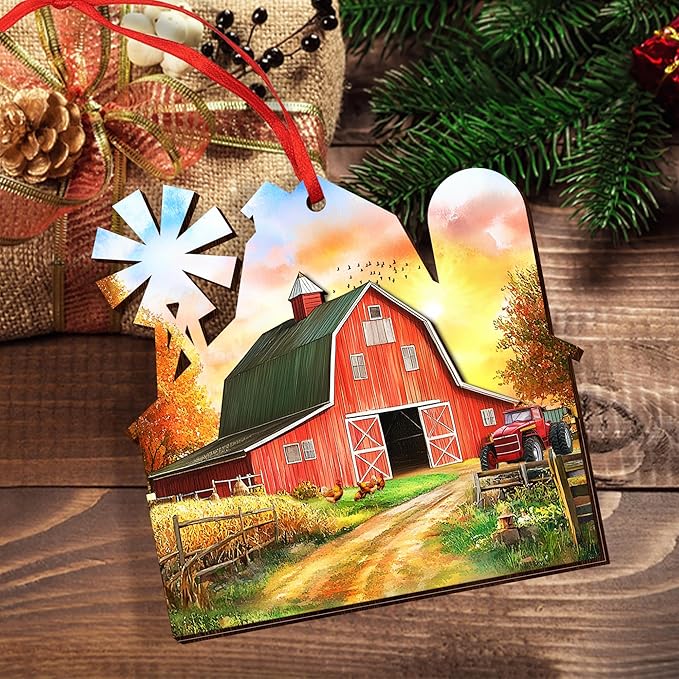 OASSIE Christmas Farmer Gifts for Women Men - Wooden Rustic Farmhouse Ornaments for Tree Decorations - Red Barn Rustic Gifts for Farmers, Farmhouse Christmas Decor, Xmas Gift for Farmer