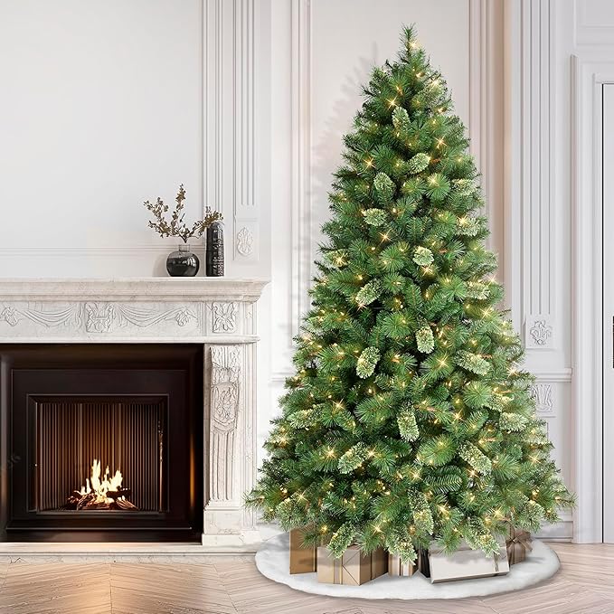 Puleo International 7.5ft Pre-Lit Teton Pine Christmas Tree with 600 Clear Lights, 1347 Realistic Dense Branch Tips, Easy Setup Artificial Trees with Sturdy Metal Stand