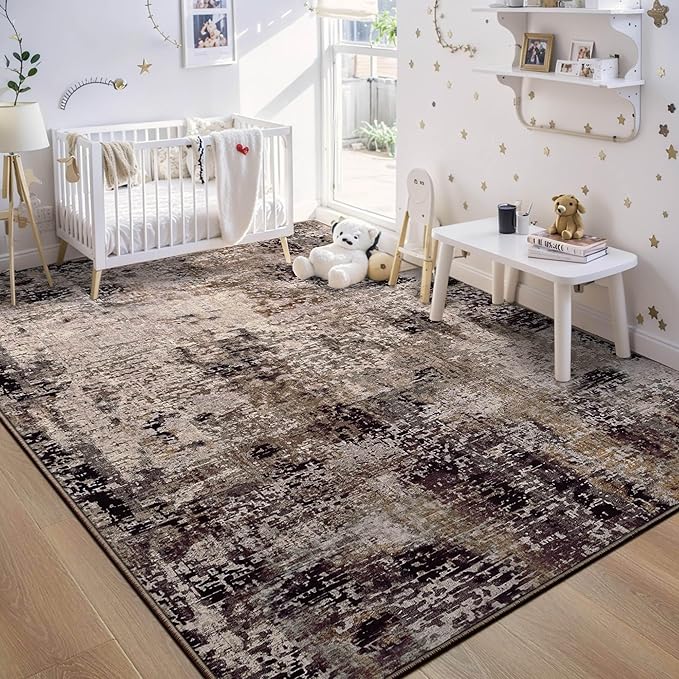 Ompaa Living Room Rug 5x7 Brown Area Rug Machine Washable Boho Coffee Rug Non Slip Abstract Vintage Indoor Large Rugs for Bedroom, Classroom, College Dorm, Farmhouse, Dining Room, Kids Playroom