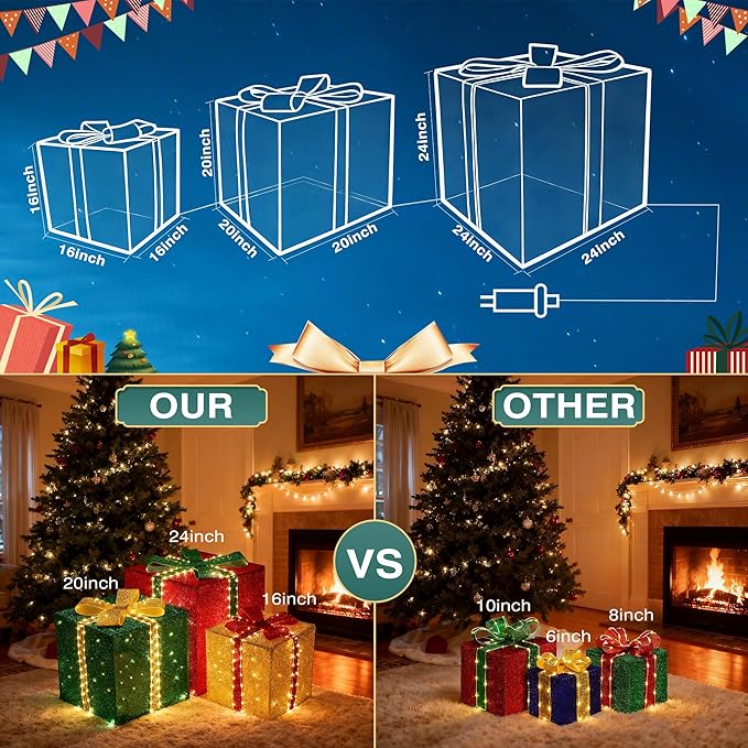 4.9FT Set of 3 Large Christmas Lighted Gift Boxes - 131 LEDs Pre Lit Presents Christmas Boxes Tower with Different Sizes for Holiday Indoor Outdoor Decoration (23.6+19.7+15.7 Inch)