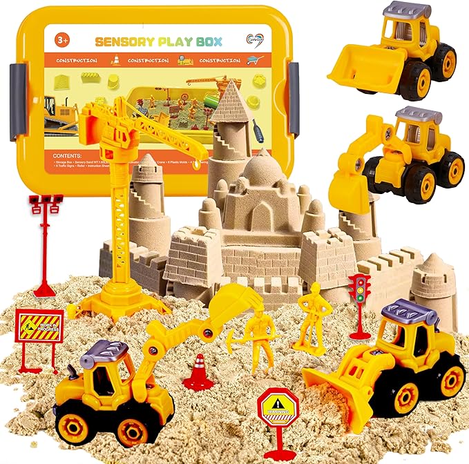 Construction Sensory Bin, Tractor Sand Playset Construction Sandbox with Toy Truck Play Sand and Signs, Sand Art Kit for Kids Ages 3 and up