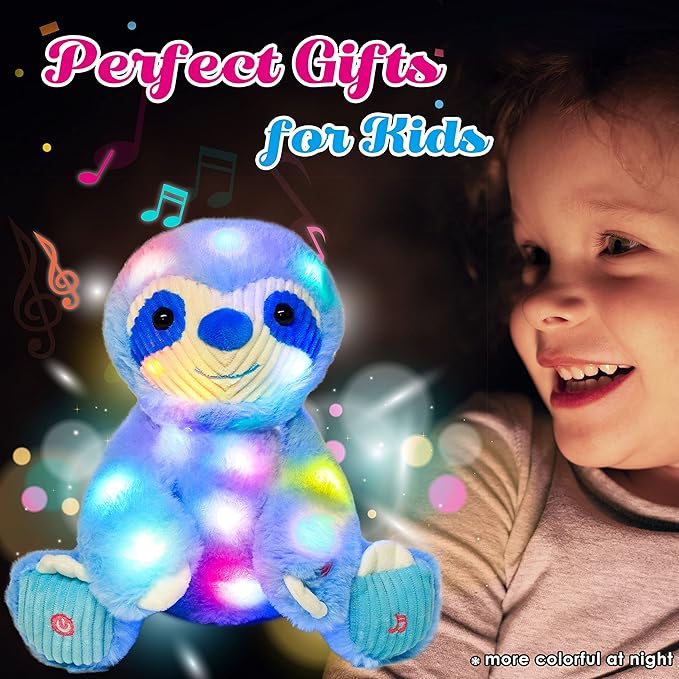 Cuteoy Blue Sloth LED Musical Stuffed Animal Light-up Singing Plush Adjustable Volume Lullaby Plushies Birthday Christmas Toy Gifts for Kids Toddler Girls, 13"