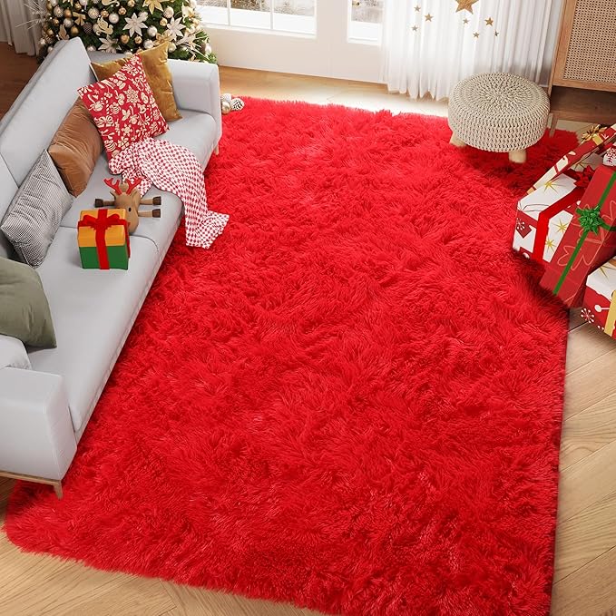 PAGISOFE Soft Modern Red Area Rug, 4x6 Feet, Shaggy Indoor Rug for Kids Room Decorative Carpet, Fuzzy Rug for Babies, Nursery, Dorm, Non Slip Rug for Boys Girls, Teen's Room