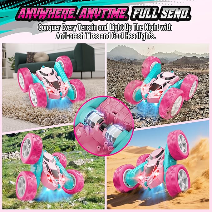 Pink RC Car for Girls Age 6+, 360° Rotating Stunt Remote Control Vehicle with LED Lights, Upgraded 4WD USB-C Rechargeable Electric Toy, Perfect Birthday, Holiday