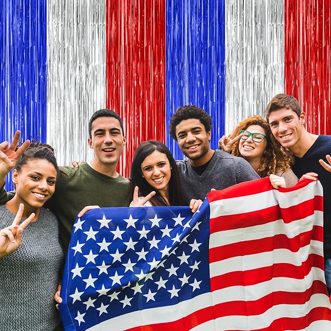 2 Pack 4th of July Party Supplies, 3.28 FT x 7.05 FT 4th of July Tinsel Backdrop, Blue Silver Red Color Fringe Curtains Streamer Backdrop, 4th of July Photo Backdrop Party Decorations