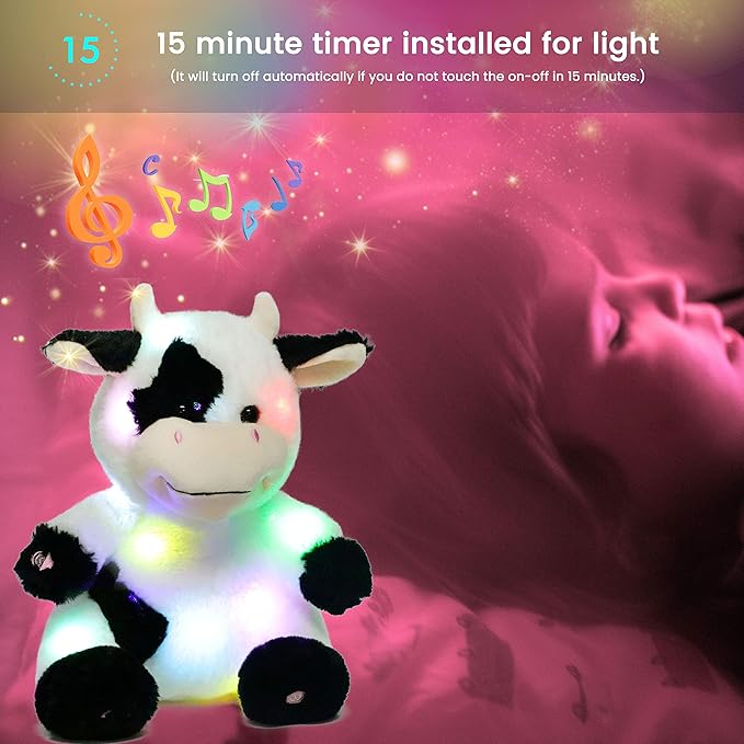 Hopearl LED Musical Stuffed Cow Lighting Up Singing Plush Toy Adjustable Volume Lullaby Animated Soothe Birthday Festival for Kids Toddler Girls, 13''