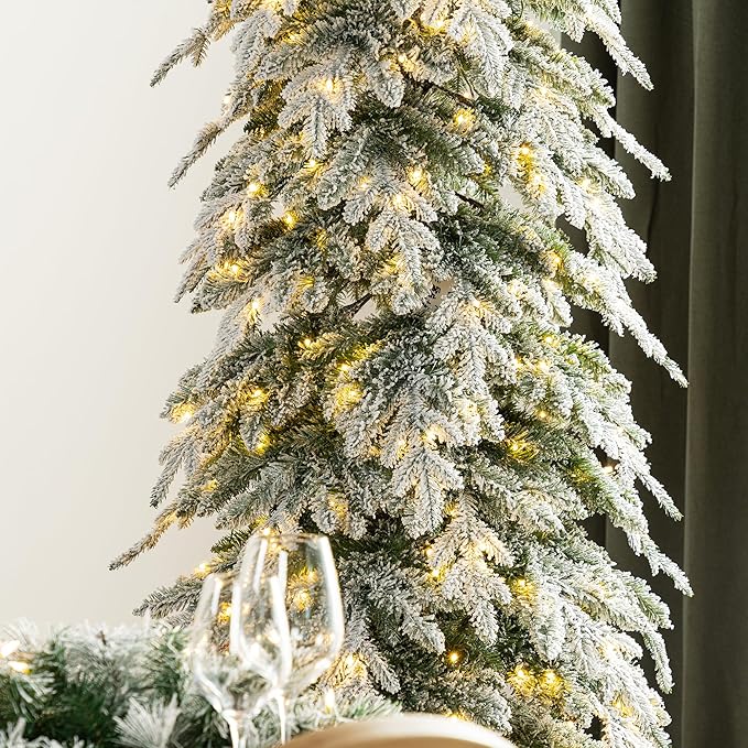 Glitzhome 9ft Prelit Christmas Tree, Artificial Christmas Tree with 470 Warm White Lights, Flocked Pencil Christmas Tree Chicago Frostwood Spruce w/1581 PE&PVC Branch Tips and Sturdy Metal Stand
