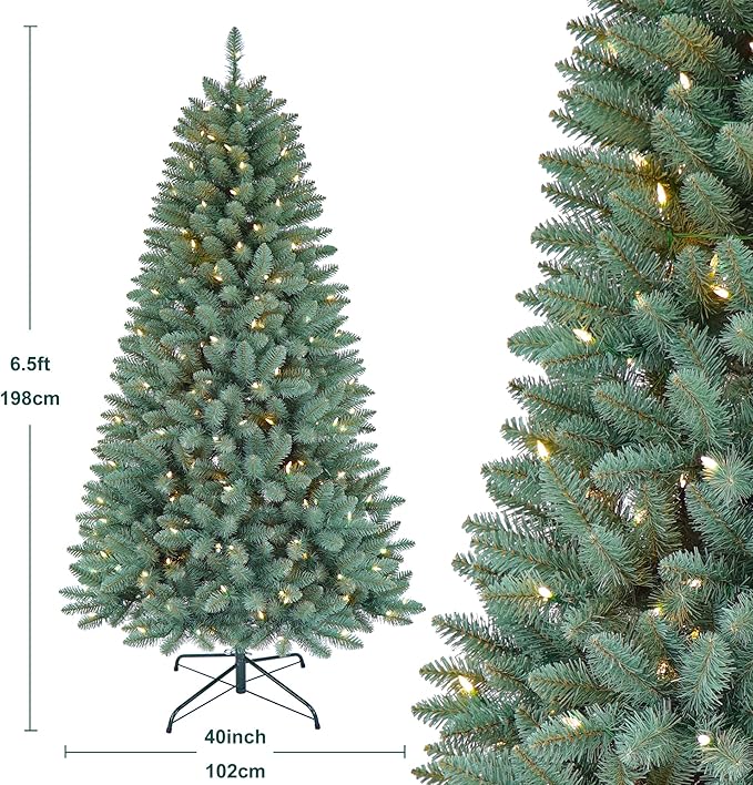 6.5FT Prelit Slim Artificial Christmas Tree with 813 Branch Tips, 250 Dual-Color LED Lights and Metal Stand, Realistic Skinny Pencil Blue Spruce Tree for Holiday Décor
