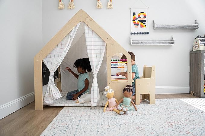 Avenlur Flair Montessori Style Wooden 5 in 1 Indoor Playhouse Play Tent with Desk Table, Chair, Chalkboard, Floor Cushion and Curtain Shades for Babies, Toddlers, Kids (Large, Windowpane)
