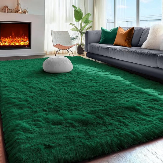 PAGISOFE Fluffy Shag Area Rug for Living Room, 5x8 Ft, Fluffy Shag Fuzzy Carpet Shaggy Rugs for Boys Bedroom, Soft Fuzzy Emerald Green Rugs for Kids Boys Baby's Room Decor Aesthetic, Dark Green