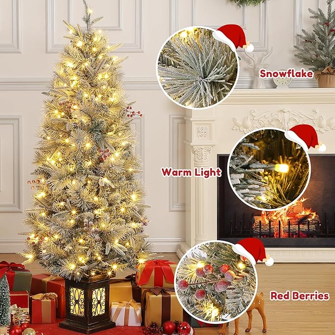 GarveeHome 4.5 ft Pre-Lit Flocked Artificial Christmas Tree with Pine Cones, Artificial Xmas Tree w/ 386 Branch Tips & 200 Lights, Antique Urn Base for Home, Party Decoration,2 PCS