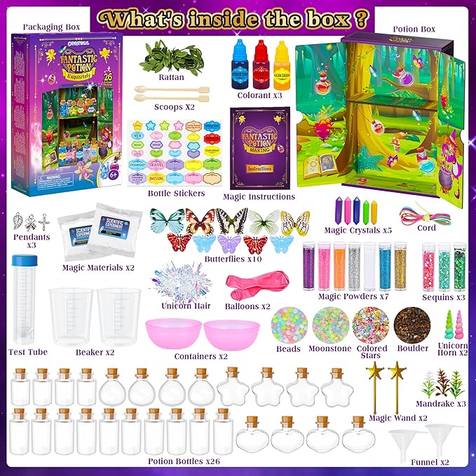 Fairy Magic Potions Kit for Kids, Upgraded 26 DIY Mixed Magic Wizard Potion Bottles, Mystery Potions Craft Kit, Christmas Decorations Birthday Gifts for Age 6 7 8 9 10+ Year Old Girls Boys