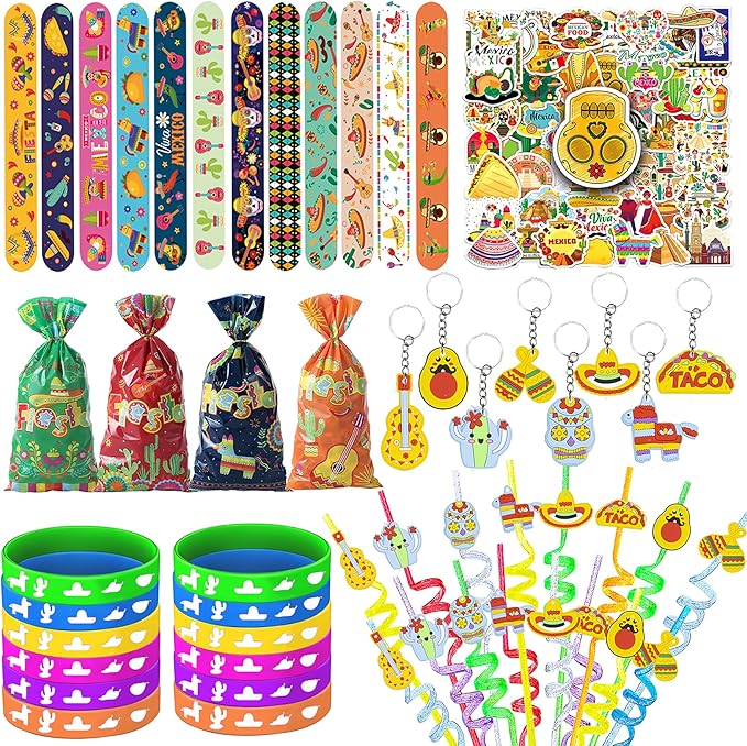 Mexican Fiesta Party Favor 122 PCS Mexican Themed 12 Slap Bracelets 12 Silicone Bracelets 50 Stickers 12 glitter drinking straws 12 Fiesta Keychains 12 Candy Bags 12 Bubble Wands for Mexican Party