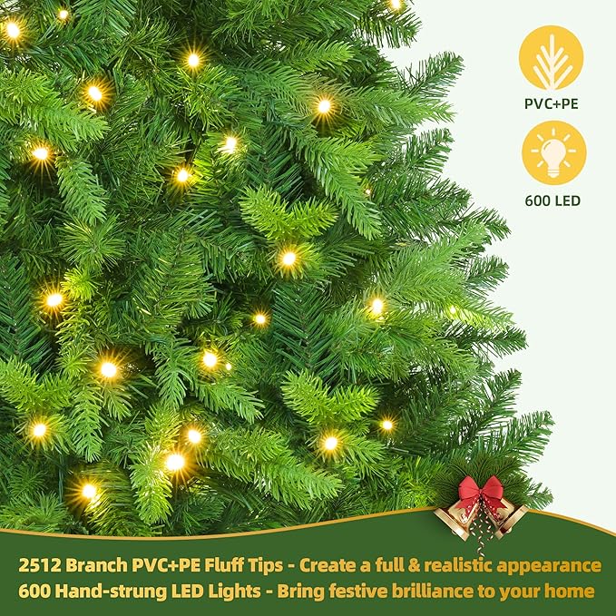 9ft Prelit Rotating Artificial Christmas Tree with Remote Timer & Dimmer, 600 Multi-Color LED Lights 2512 PE & PVC Branches for Holiday Decor