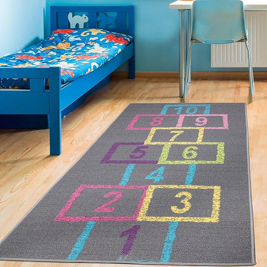 Ottomanson 2'7" x 6' Hopscotch Kids Rug - Play Mat for Playroom, Bedroom, Daycare & Classroom - Fun & Interactive Game Carpet - Durable and Non-Slip - Perfect for Learning & High-Traffic Areas, Pink