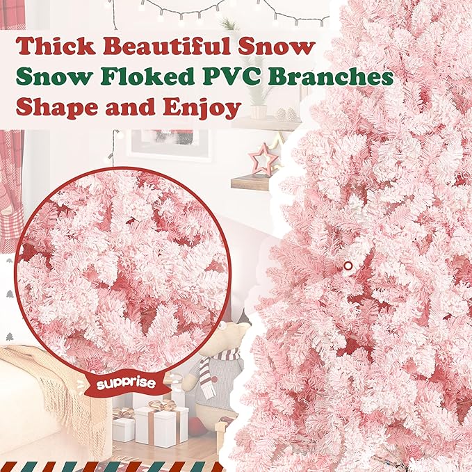 6FT Pink Premium Artificial Holiday Christmas Tree, Snow-Flocked Pine Tree with 1000+ Branch Tips, Metal Stand and Hinged Branches for Indoor and Outdoor