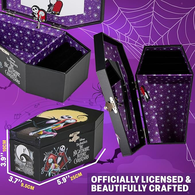 Get Trend Disney The Nightmare Before Christmas Musical Jewelry Box for Girls Mirror, Wind Up Music, Jewelry Organizer, Halloween Gifts for Girls (Black TBNC)