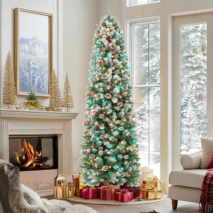 HOLLO STAR 7.5 ft Prelit Christmas Tree with 304 LED Lights, App Control, Slim Pencil Christmas Tree, Multi-Color RGBW Lights, 950 Flocked Frosted Tips, Xmas Tree, 72 Pine Cones, for Home, Party