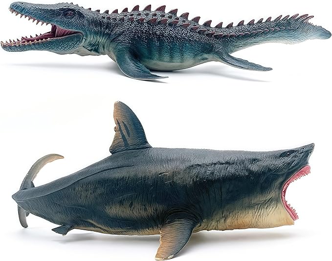 Gemini&Genius Mosasaurus and Megalodon Water Dinosaur Great White Shark Toys Set, Dinosaur with Sea Monster Set for Birthday Cake Toppers, Action Figure Toy Collections, Play or Display Toys for Kids