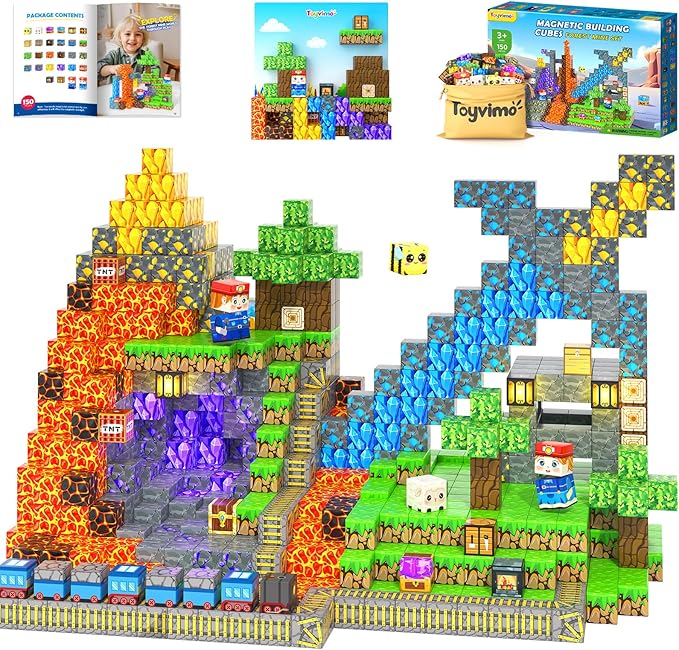 150PCS Magnetic Blocks - Build Mine Magnet World Kids Building Blocks with Magnet Board for 3 4 5 6 7 8 9 10 Year Old Boys & Girls Magnetic Tiles STEM Sensory Outdoor Toys for Kids Ages 4-8 5-7
