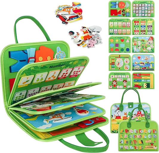 Toddler Busy Board Montessori Toys for 3 Year Old Birthday Gifts for Kids 10 Pages in 1 Soft Felt Activity Book Develop Fine Skills Educational Learning Sensory Travel Toys for Airplane Car