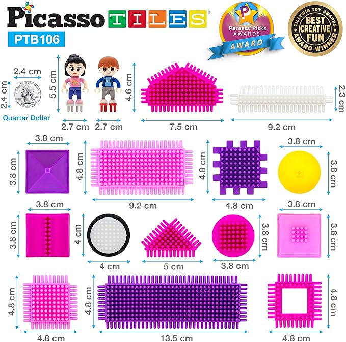 PicassoTiles PTB106 106pcs Hedgehog Lock Building Blocks Tiles Pink Castle Theme Set w/Human Figures Learning Playset STEM Toy Set Educational Kit Child Brain Development Preschool Kindergarten Toy