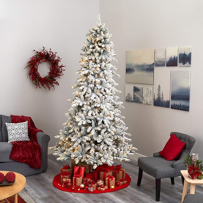 Nearly Natural 9ft. Flocked Livingston Fir Artificial Christmas Tree with Pine Cones and 650 Clear Warm LED Lights