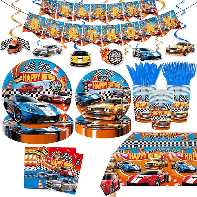 122 Pcs Flame Racing Party Supplies Racing Themed Party Birthday Decorations for Kids Boys 20 Guests