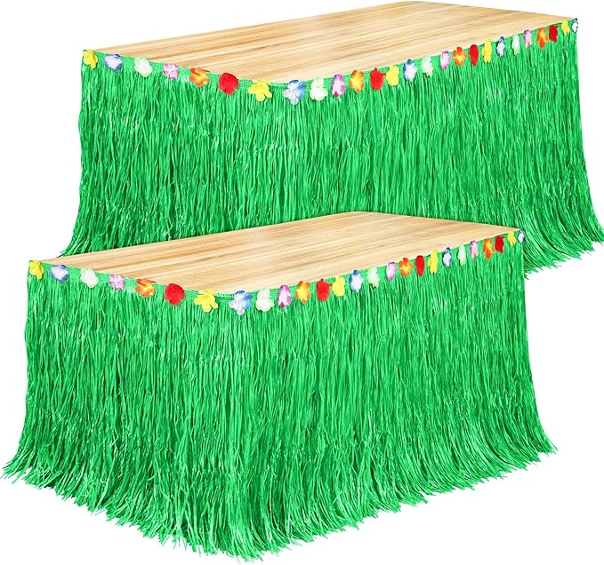 Fovths 2 Pack Luau Grass Table Skirt Natural 9 Feet x 29.5 Inch Hawaiian Table Skirt for Tropical Hawaiian Party Decorations Luau Party Costume Party, Green