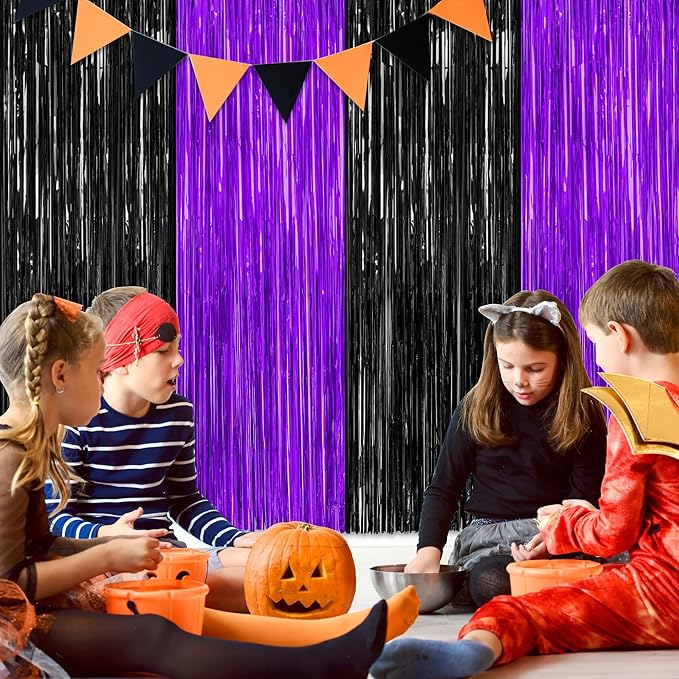 2 Pack Halloween Decor, 3.28 FT x 7.05 FT Purple and Black Foil Streamer, Metallic Fringe Curtains Tinsel Backdrop Party Streamer, Indoor Halloween Decorations Party Supplies Photo Booth Props