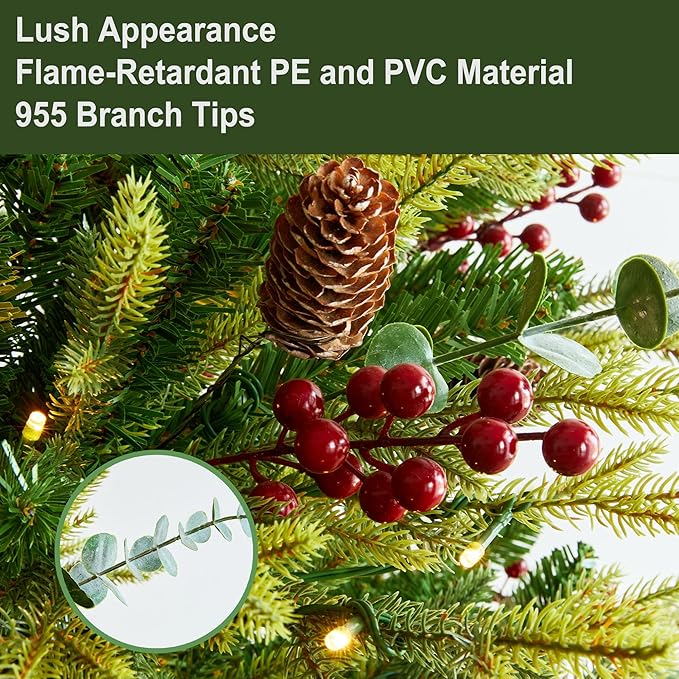 Artificial Christmas Tree with 300 Multi-Colored String Lights with 11 Modes, 6FT Prelit Christmas Tree with Red Berry and Pinecone, Xmas Tree with Foldable Stand Christmas Decorations Decor