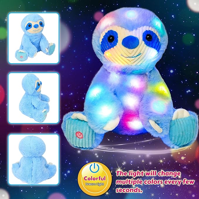 Cuteoy Blue Sloth LED Stuffed Animal Light-up Plush Birthday Christmas Plushies Toy Gifts for Kids Toddler Girls, 10.5"