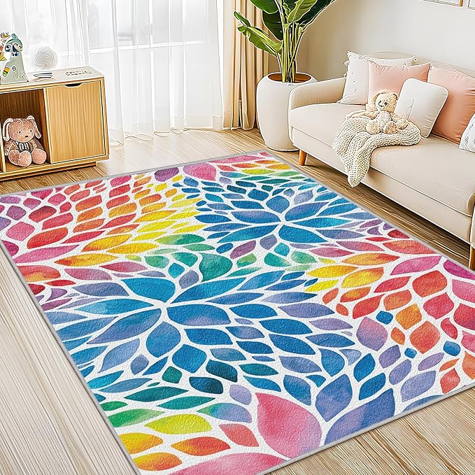 Abstract Colorful 5x7 Area Rug Modern Rainbow Dahlia Floral Rugs Multicolor Kids Area Rugs, Non-Slip Machine Washable Floor Carpet for Bedroom Living Room Playroom Classroom Dorm Office 5' x 7'