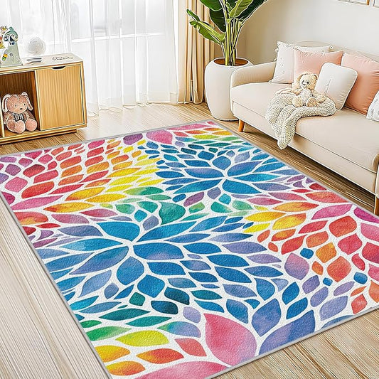 Abstract Colorful 5x7 Area Rug Modern Rainbow Dahlia Floral Rugs Multicolor Kids Area Rugs, Non-Slip Machine Washable Floor Carpet for Bedroom Living Room Playroom Classroom Dorm Office 5' x 7'