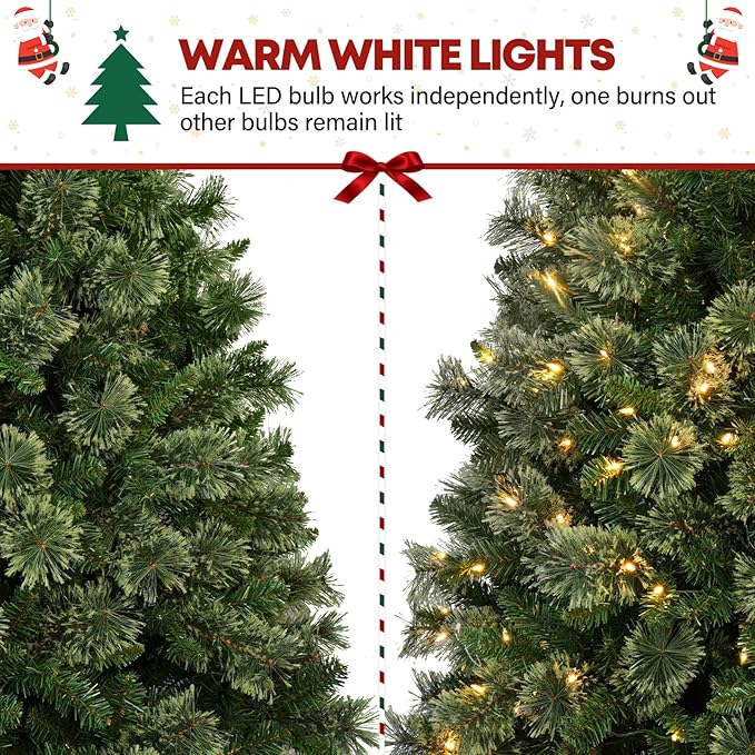7.5 ft Prelighted Pine Christmas Tree, Artificial Christmas Tree with 450 Warm White Lights, 1580 PVC Branch Tips, Premium Stand, Easy Assembly for Indoor Holiday Decorating